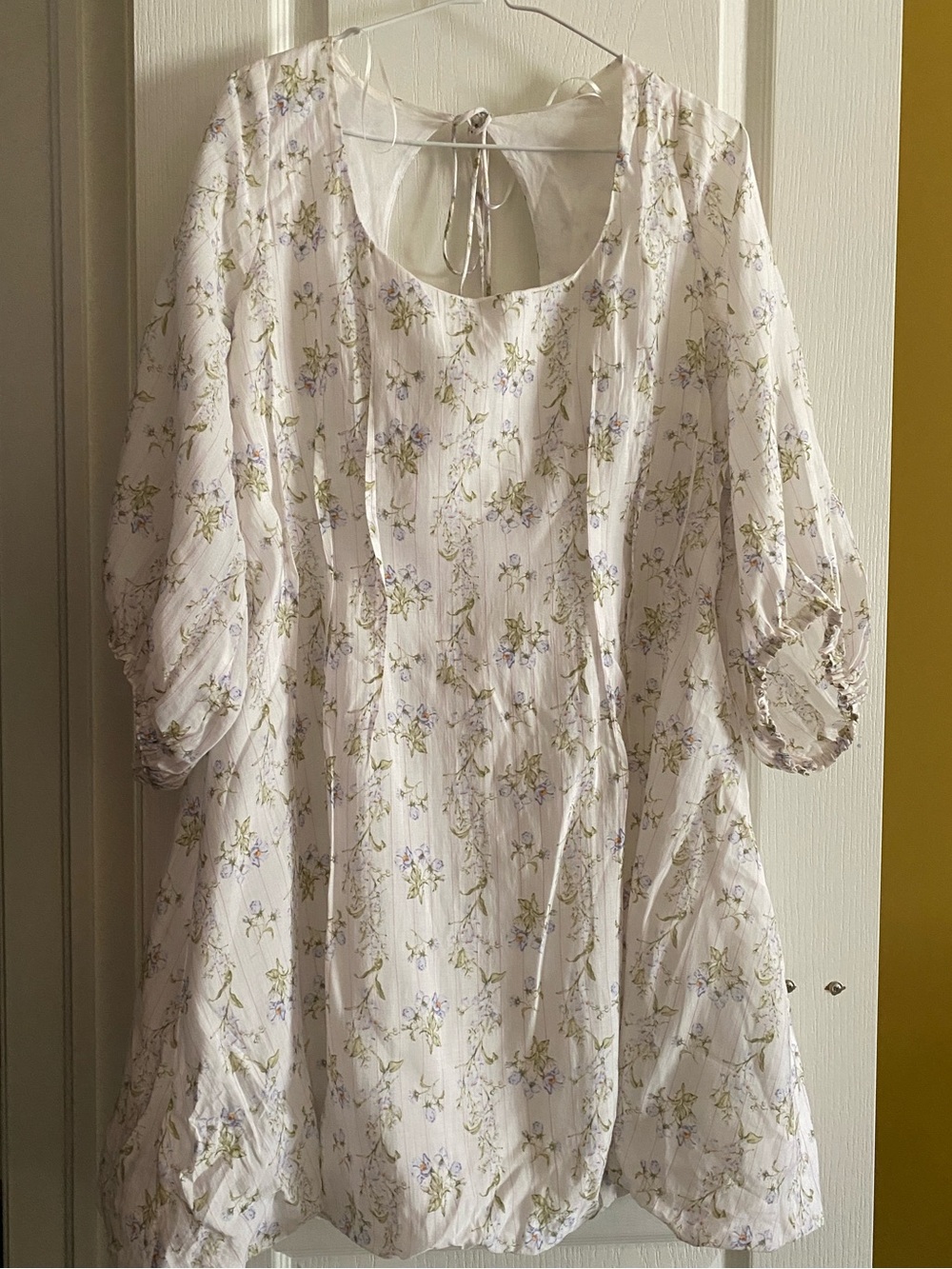 H&M White Floral Tie-Back Casual Dress with Purple & Green Print